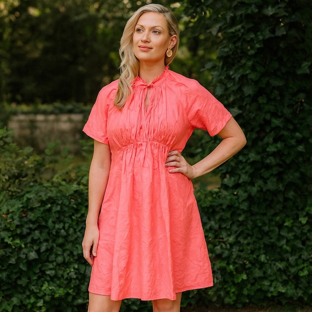 LEYT Coral‎ Pink Silk Tie Neck Ruffle Short Sleeve A-Line Dress Women's S